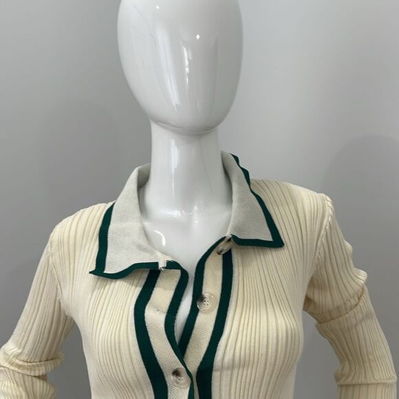 Micas Elegant Cream Ribbed Knit Maxi Cardigan Dress with Contrast Trim size M - Picture 5 of 11